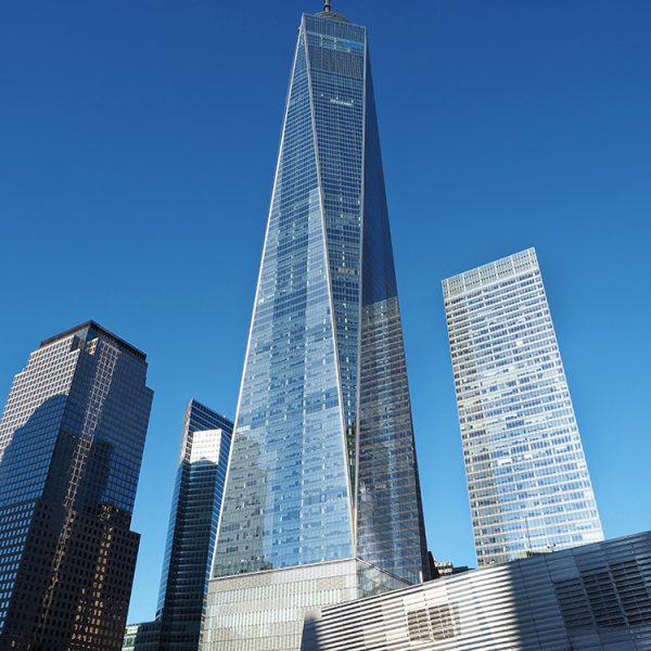 One World Trade Center, also known as the Freedom Tower. It houses the One World Observatory.